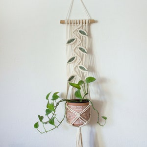 May include: A white macrame plant hanger with green leaves hanging from it. The hanger is attached to a wooden dowel rod and has a tassel at the bottom. The plant is in a terracotta pot with a geometric pattern.