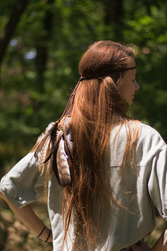 Boho Feather Headband: Braided Leather, Adjustable Festival  display picture 3