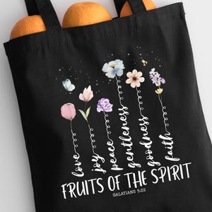 Die Früchte des Geistes Tote, Christentum Bibel Vers Canvas Tote Geschenk für sie, Galater Tasche, christliche Thema Wildblumen Tote