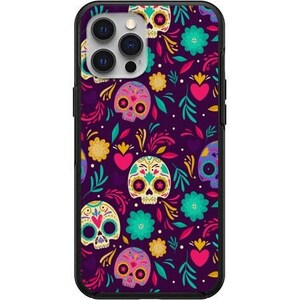 May include: Purple phone case with a colorful sugar skull pattern. The skulls are decorated with flowers and hearts.