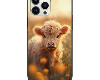 Adorable vaca bebé en un campo de flores Diseño para Apple Iphone y Samsung Funda a prueba de golpes