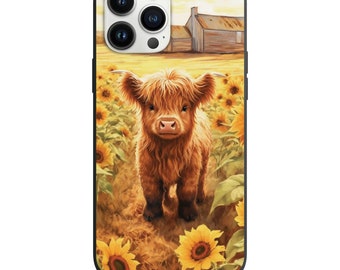 Funda a prueba de golpes con una linda vaca de las Tierras Altas en un campo de girasoles para iPhone y Samsung.