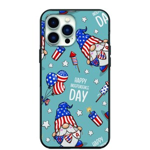 May include: A black phone case with a blue background and a pattern of gnomes wearing red, white, and blue hats and holding American flags. The text "Happy Independence Day" is printed on the case.