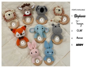 Lindo sonajero de crochet personalizado con forma de animal, regalo de sonajero para bebé, sonajero de madera personalizado, sonajero de juguete con forma de anillo, sonajero de crochet, regalo para recién nacidos