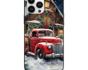 Funda protectora antigolpes con diseño de camión rojo navideño en la nieve para iPhone y Samsung