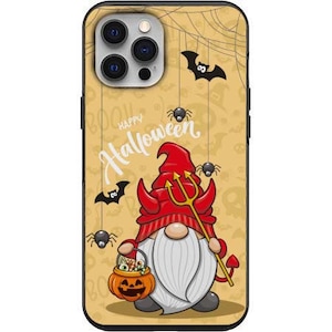 May include: A phone case with a cartoon illustration of a gnome dressed as a devil for Halloween. The gnome is holding a pitchfork and a bucket of candy. The background is a yellow and orange color with bats, spiders, and the words "Happy Halloween".