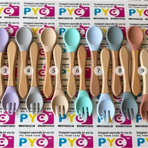 Custom Name Silicone Baby Cutlery Set with Wooden Handle, Personalized Engraved Toddler Fork & Spoon for Baby Shower or New Mommy Best Gift