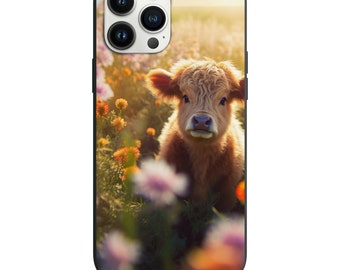 Funda a prueba de golpes para iPhone y Samsung con la vaca bebé más linda escondida en un campo de flores
