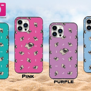 Cute Pug with bone pattern with pink blue teal or purple background Design case for Apple Iphone & Samsung Phone Shockproof Case Cover