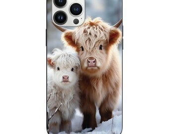 Funda a prueba de golpes para iPhone y Samsung con lindas vacas bebés de las Tierras Altas en la nieve