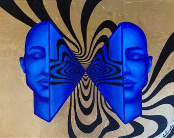 Fine Art Print, Swirly Abstract Acrylic and Gold Leaf Head Split Painting