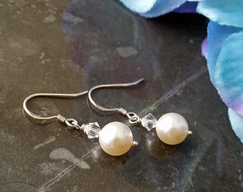 Bridal Earrings, Swarovski Earrings, Sterling Silver Earrings, Swarovski Pearl Earrings, Bridesmaid Gift, Flower Girl Gift, E108