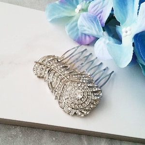 Feather Hair Comb, Peacock Hair Comb,Peacock Theme Wedding, Leaf Bridal Comb, Rhinestone Wedding Hair Comb, HS111