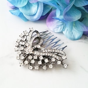 Pewter Bridal Hair Comb, Flower Bouquet Hair Comb, Black Rhinestone Comb, Rustic Bridal Comb, Wedding Hair Comb, HS099