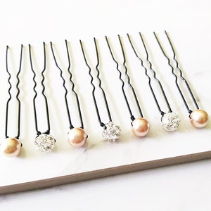 7 Champagne Black Hair Pin, Gold Pearl Hair Pins, Black Hair Wedding, Set of 7, Bridal Gift Under 25, HS264