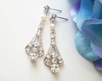 Art Deco Earrings, Cubic Zirconia Bridal Swarovski Pearl, Wedding Accessories, Vintage Style, Matching Bridal Set, E002