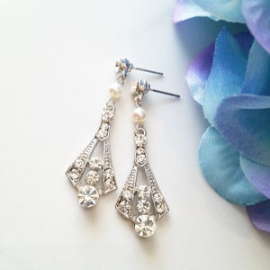 Art Deco Earrings, Cubic Zirconia Bridal Swarovski Pearl, Wedding Accessories, Vintage Style, Matching Bridal Set, E002 image 1