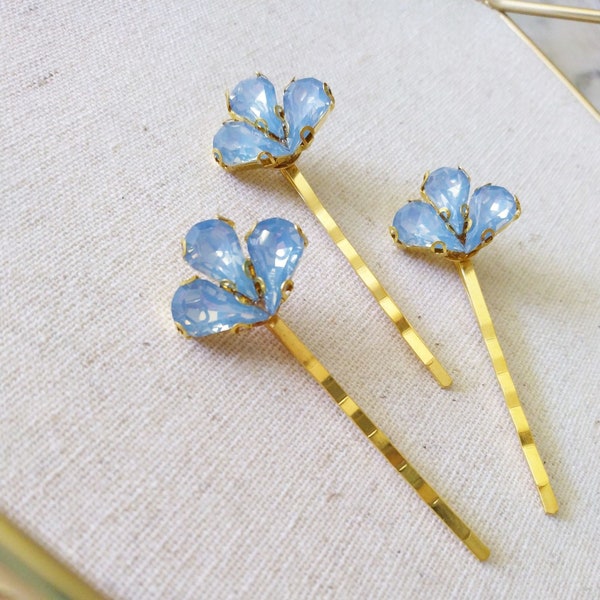 3 Blue Opal Gold Hair Clip - Wedding Hair Clip - Hair Clip Set - Something Blue - Beach Wedding - Princess Wedding - HS210