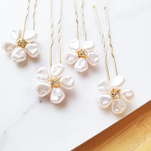 2 Flower Pearl Gold Hair Rhinestone Pearl Hair Pin - Pearl Floral Hair Pin - Wedding Hair Pin - Bridal Hair Pin - HS243