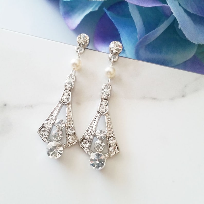 Art Deco Earrings, Cubic Zirconia Bridal Swarovski Pearl, Wedding Accessories, Vintage Style, Matching Bridal Set, E002 image 2
