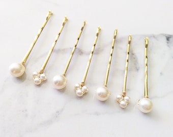 7 Gold Bobby Pins, Gold Pearl Hair Pins, Bridal Hair, Wedding Hair Pins, Gold Bobby Pins, Bridesmaid Gifts HS218