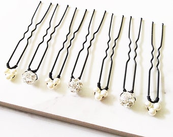 7 Boho Wedding Hair Pins, White Pearl Hair Pins, Rhinestone Hair Pins, Bridesmaid Gifts, Under 25, HS255