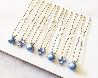 7 Gold Hair Pins, Blue Pearl Hair Pins, Something Blue Hair Pins, Nautical Wedding, Beach Wedding, Bridesmaid Gift - HS265