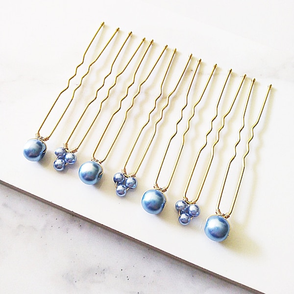 7 Gold Hair Pins, Blue Pearl Hair Pins, Something Blue Hair Pins, Nautical Wedding, Beach Wedding, Bridesmaid Gift - HS265
