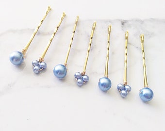 Gold Blue Bobby Hair Pin, Something Blue Wedding Hair, Bridesmaid Gift Under 25, Beach Wedding, Pearl Bobby Pin, HS216