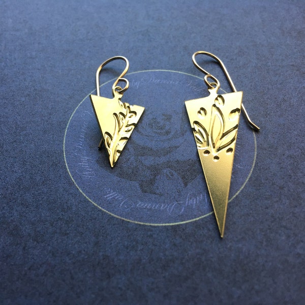 Mismatched Triangle Earrings, Laser Etched Brass, Gold Filled Earwires, Dangle Earrings, Modern