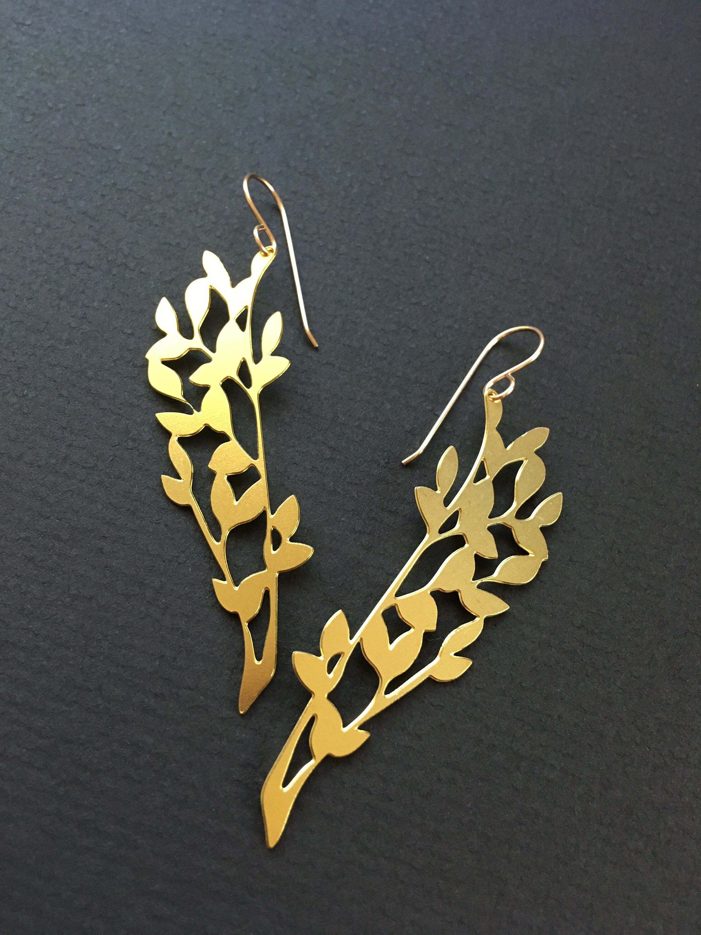 Leaf Stem Earrings, Brass Vine Earrings, Botanical Earrings, Nature