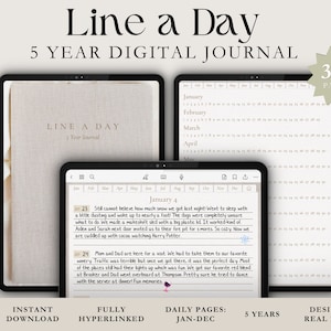 May include: A digital journal app mockup on a tablet screen. The app is called "Line a Day" and is a 5-year journal. The app has a beige background and a simple design. The app is designed to be used with Goodnotes, Notability, and Noteshelf. The app has 380 pages.