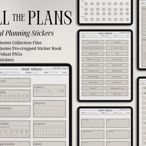 以下が含まれることがあります： Goodnotes 用のデジタルプランニングステッカー。習慣、天気、祝日のテンプレートが含まれています。画像には「ALL THE PLANS」と「Digital Planning Stickers」の文字が表示され、デジタルプランニング用のさまざまなレイアウトがあります。