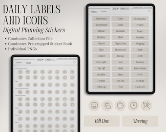 Digital Planner Stickers - Icons and Labels | Goodnotes Stickerbook, Pre-cropped, Collection, PNG | Minimalist Neutral Everyday Planning