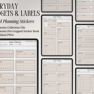 May include: A digital planner sticker set with various widgets and labels for daily planning. The stickers are designed in a minimalist style with a beige background and black outlines. The stickers include sections for habit tracking, contact information, hydration, progress, weather, appointments, meals, and more.