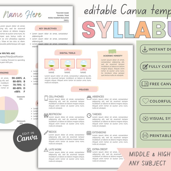 Modèle de programme modifiable pour le collège et le lycée – Design visuel et coloré – Entièrement personnalisable dans Canva - Retour à l’école - Programmes de classe