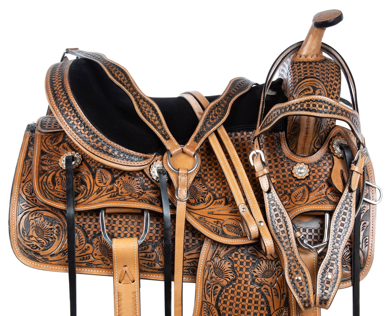 Antique leather tooled Western pleasure trail ranch classic horse saddle tack set 15 16 17 18