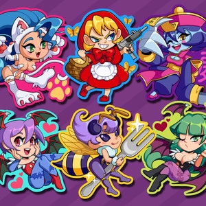 Darkstalkers vinyl stickers ~ Morrigan, Lilith, Felicia, B.B.Hood, Q-Bee and Hsien-ko
