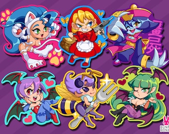 Darkstalkers vinyl stickers ~ Morrigan, Lilith, Felicia, B.B.Hood, Q-Bee and Hsien-ko