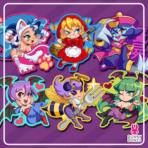 May include: A collection of colorful cartoon stickers featuring various characters. The stickers include a cat-themed character, a Little Red Riding Hood-inspired figure with a gun, and other fantasy-themed characters. The stickers have a white border and are set against a purple background.