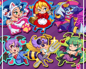 Darkstalkers ~ Glossy Vinyl Sticker ~ Morrigan, Lilith, Felicia, B.B.Hood, Q-Bee and Hsien-ko