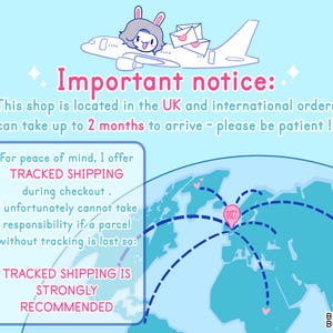 May include: A light blue graphic with the text "Important notice: This shop is located in the UK and international orders can take up to 2 months to arrive - please be patient !!" and "Tracked shipping is strongly recommended."