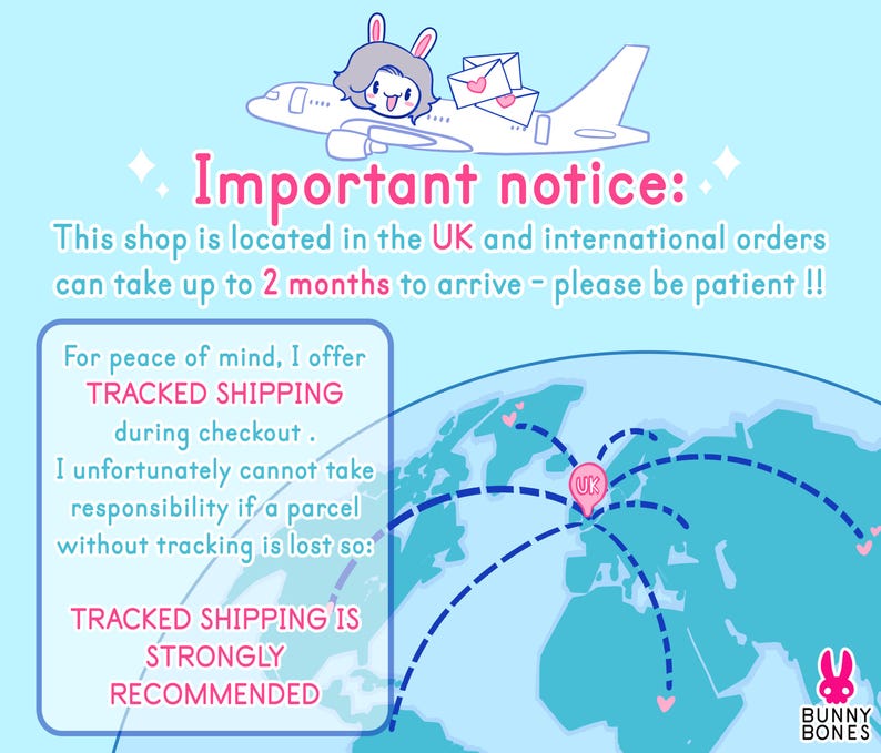 May include: A light blue graphic with the text "Important notice: This shop is located in the UK and international orders can take up to 2 months to arrive - please be patient !!" and "Tracked shipping is strongly recommended."