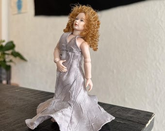 Handmade Miniature Halter-Neck Satin Evening Gown (1:12 Scale) – Silver-Lilac Dress for Heidi Ott Classic Lady Doll