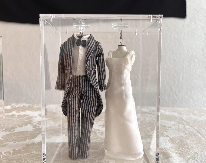 Featured listing image: Handcrafted Miniature Bride & Groom Outfit Set (1:12 Scale) – Custom Wedding Couture with Acrylic Display Case | The Bride Collection 2026