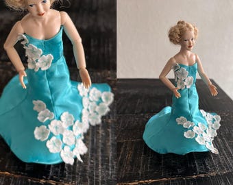 Handmade Miniature Turquoise Floral Satin Gown (1:12 Scale) – Strapless Evening Dress for Heidi Ott Slim Female Doll