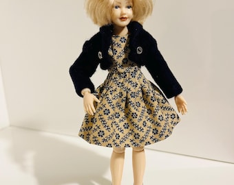 Dark Blue Jacket and floral dress for Heidi Ott ladies (1:12) The doll is not included