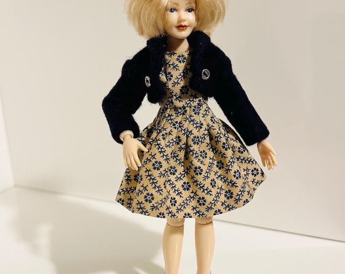 Dark Blue Jacket and floral dress for Heidi Ott ladies (1:12) The doll is not included