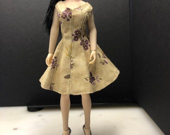 Light brown and purple floral dress for Phicen doll 1:12