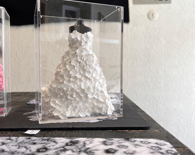 Featured listing image: Masterpiece Miniature Floral Bridal Gown 1:12– Hand-Stitched Flower Wedding Dress on Mannequin with Acrylic Case | The Bride Collection 2026